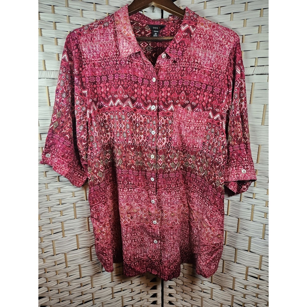 Intro Womam Red Geometric Blouse Button Up Short Sleeve Sz 3x Boho Southwestern
